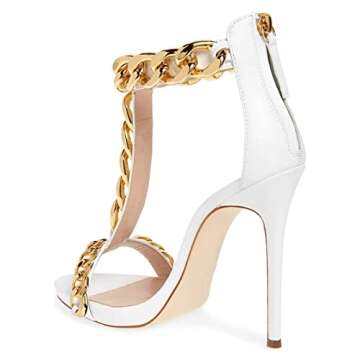 XYD Sexy Lady Club Stiletto High Heel T-Strap Sandals Open Toe Golden Chain Strappy Back Zipper Pumps Event Party Dress Shoes for Women Size 9.5 Ivory
