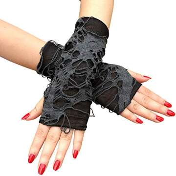 Mrotrida Women's Punk Fingerless Glove Cosplay Ripped Gloves for Halloween Costume Party 1Pair (Blac...