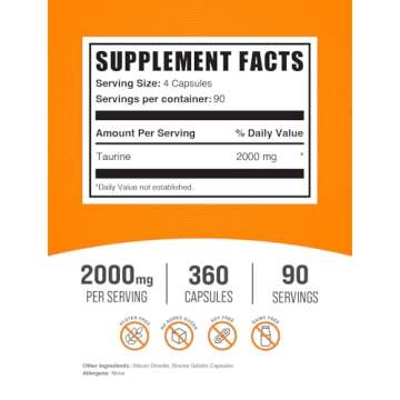 BulkSupplements.com Taurine Capsules - Taurine Supplement, Taurine 2000mg, Amino Acids Supplement, T...