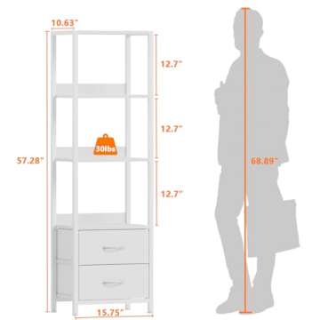 Furnulem 4-Tier Corner Shelf, Bookshelf with 2 Storage Drawers, 57.28”Tall Narrow Bookcase, Standing Shelf Organizer Unit for Living Room, Bedroom, Metal Frame, Wood Display Shelf