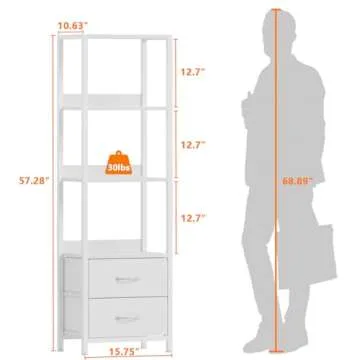 Furnulem 4-Tier Corner Shelf, Bookshelf with 2 Storage Drawers, 57.28”Tall Narrow Bookcase, Standing Shelf Organizer Unit for Living Room, Bedroom, Metal Frame, Wood Display Shelf