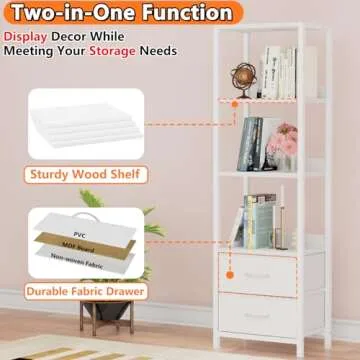 Furnulem 4-Tier Corner Shelf, Bookshelf with 2 Storage Drawers, 57.28”Tall Narrow Bookcase, Standing Shelf Organizer Unit for Living Room, Bedroom, Metal Frame, Wood Display Shelf