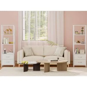 Furnulem 4-Tier Corner Shelf, Bookshelf with 2 Storage Drawers, 57.28”Tall Narrow Bookcase, Standing Shelf Organizer Unit for Living Room, Bedroom, Metal Frame, Wood Display Shelf