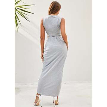 ZAFUL Women's Solid Marled Crop Top and Draped Ruched Maxi Skirt Set Two Piece Dress (B-Gray, M)