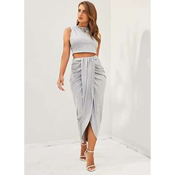 ZAFUL Women's Solid Marled Crop Top and Draped Ruched Maxi Skirt Set Two Piece Dress (B-Gray, M)