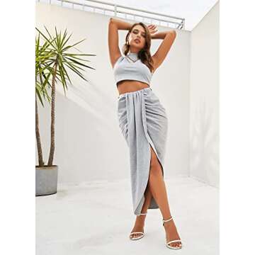 ZAFUL Women's Solid Marled Crop Top and Draped Ruched Maxi Skirt Set Two Piece Dress (B-Gray, M)