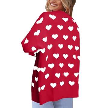 Heart Cardigan Sweater for Women Oversized Valentine Cardigan Cute Love Print Open Front Knit Sweaters Coat with Pockets Red