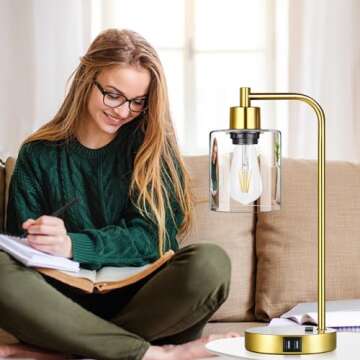 Industrial Touch Control Table Lamps Set of 2 - Gold Nightstand Bedside Lamps with 2 USB Ports & AC Outlet, 3-Way Dimmable Desk Lamp for Bedroom Living Room, Glass Shade & 2 LED Bulbs Included