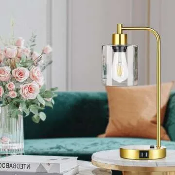 Industrial Touch Control Table Lamps Set of 2 - Gold Nightstand Bedside Lamps with 2 USB Ports & AC Outlet, 3-Way Dimmable Desk Lamp for Bedroom Living Room, Glass Shade & 2 LED Bulbs Included