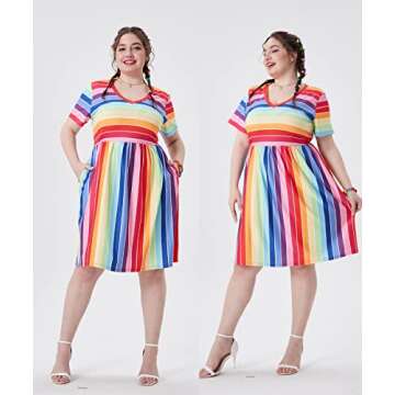 RITERA Women's Plus Size Dress Summer Rainbow Print Dress Colorful Striped Elastic High Waist V Neck...