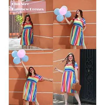 RITERA Women's Plus Size Dress Summer Rainbow Print Dress Colorful Striped Elastic High Waist V Neck Short Sleeve Flowy Casual Dress with Pockets 14W 16W
