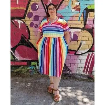 RITERA Women's Plus Size Dress Summer Rainbow Print Dress Colorful Striped Elastic High Waist V Neck Short Sleeve Flowy Casual Dress with Pockets 14W 16W