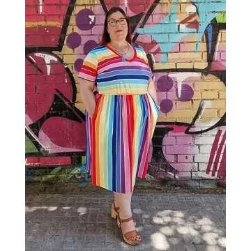 RITERA Women's Plus Size Dress Summer Rainbow Print Dress Colorful Striped Elastic High Waist V Neck Short Sleeve Flowy Casual Dress with Pockets 14W 16W