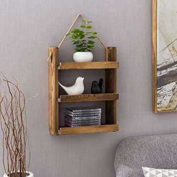 MyGift 3 Tier Shabby Chic Dark Brown Wood Ladder Style Bathroom or Kitchen Wall Hanging Storage Shelf Rack with Rustic Rope for Living Room Bedroom Bathroom Kitchen