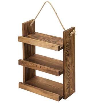 MyGift 3 Tier Shabby Chic Dark Brown Wood Ladder Style Bathroom or Kitchen Wall Hanging Storage Shelf Rack with Rustic Rope for Living Room Bedroom Bathroom Kitchen