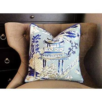 MangGou Blue and White Chinoiserie Pillow Cover Pagoda Pillow Cover Ming Toile Pillow Asian Decor Bl...