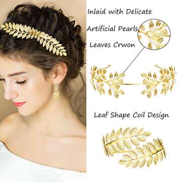 LOYALLOOK 5Sets Grecian Goddess Costume Accessories Set Greek Leaf Headband Coil Bracelet Artificial Pearl Earrings Golden Leaves Bridal Hair Comb for Women Wedding Party