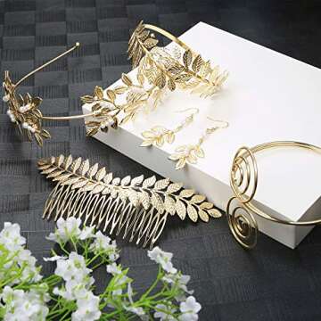 LOYALLOOK 5Sets Grecian Goddess Costume Accessories Set Greek Leaf Headband Coil Bracelet Artificial Pearl Earrings Golden Leaves Bridal Hair Comb for Women Wedding Party