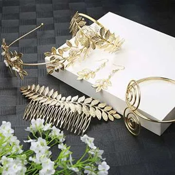 LOYALLOOK 5Sets Grecian Goddess Costume Accessories Set Greek Leaf Headband Coil Bracelet Artificial Pearl Earrings Golden Leaves Bridal Hair Comb for Women Wedding Party