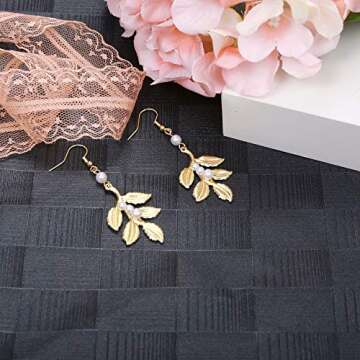 LOYALLOOK 5Sets Grecian Goddess Costume Accessories Set Greek Leaf Headband Coil Bracelet Artificial Pearl Earrings Golden Leaves Bridal Hair Comb for Women Wedding Party