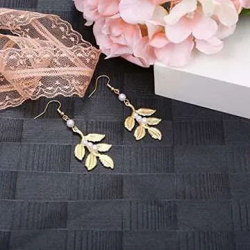 LOYALLOOK 5Sets Grecian Goddess Costume Accessories Set Greek Leaf Headband Coil Bracelet Artificial Pearl Earrings Golden Leaves Bridal Hair Comb for Women Wedding Party