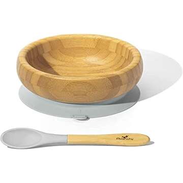 Avanchy Bamboo Baby Bowl with Spoon and Removable Silicone Suction Base – Non-Toxic, BPA-Free Feeding Bowl for Babies and Toddlers – Natural Bamboo Suction Bowl, Gray