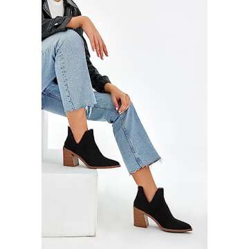 Kathemoi Womens Ankle Boots Slip on Cutout Pointed Toe Snakeskin Chunky Stacked Mid Heel Booties