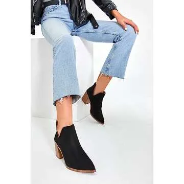 Kathemoi Womens Ankle Boots Slip on Cutout Pointed Toe Snakeskin Chunky Stacked Mid Heel Booties