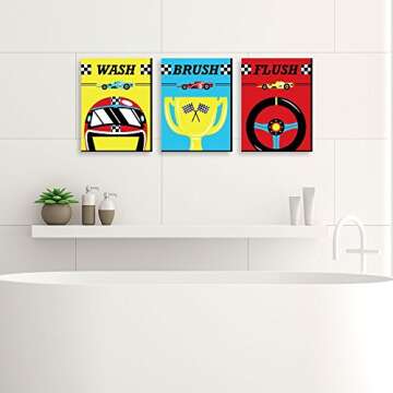 Let’s Go Racing - Racecar Kids Bathroom Wall Art Set - 3 Panels - Wash, Brush, Flush