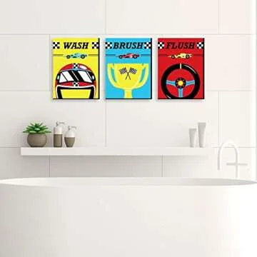 Let’s Go Racing - Racecar Kids Bathroom Wall Art Set - 3 Panels - Wash, Brush, Flush