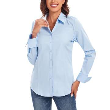 Esabel.C Women's Stretch Button Down Work Blouse in Blue