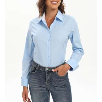 Esabel.C Women's Stretch Button Down Work Blouse in Blue