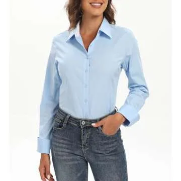 Esabel.C Women's Stretch Button Down Work Blouse in Blue