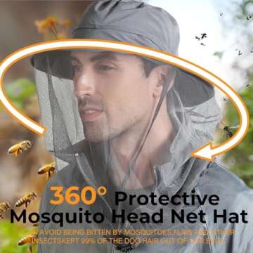 Flammi Mosquito Head Net Hat Fishing Hat w/Head Net UPF 50+ Sun Protection Safari Boonie Hat Cap Outdoor for Men/Women (Dark Grey)