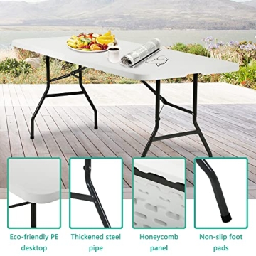 PayLessHere Folding Table Plastic Picnic Table for Parties Wedding Camping Office with Carrying Handle (White, 6 FT)
