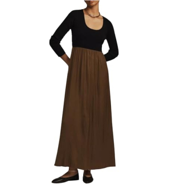 YEXPINE Women's Sweater Maxi Dress Long Sleeve Scoop Neck Flowy Ribbed Knit Long Dress Elegant Patch...