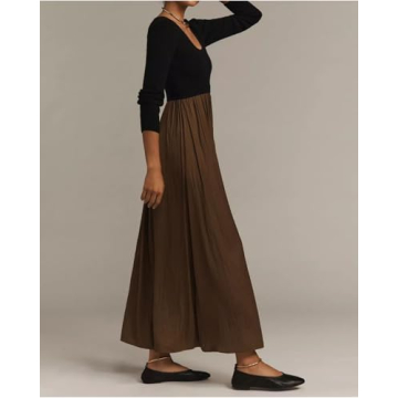 YEXPINE Women's Sweater Maxi Dress Long Sleeve Scoop Neck Flowy Ribbed Knit Long Dress Elegant Patchwork Dress