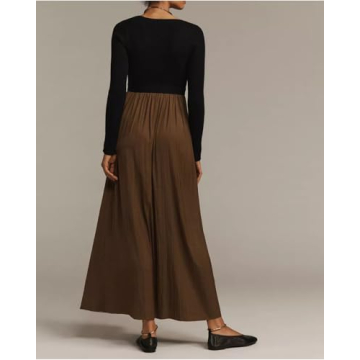 YEXPINE Women's Sweater Maxi Dress Long Sleeve Scoop Neck Flowy Ribbed Knit Long Dress Elegant Patchwork Dress