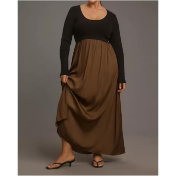 YEXPINE Women's Sweater Maxi Dress Long Sleeve Scoop Neck Flowy Ribbed Knit Long Dress Elegant Patchwork Dress