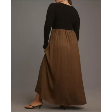 YEXPINE Women's Sweater Maxi Dress Long Sleeve Scoop Neck Flowy Ribbed Knit Long Dress Elegant Patchwork Dress