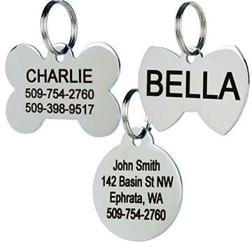 GoTags Pet ID Personalized Dog and Cat Tags. Stainless Steel. Custom Engraved with up to 8 Lines of Text. Front and Backside Engraving. Heart Shape Small.
