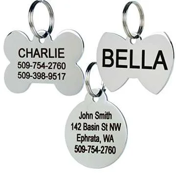 GoTags Pet ID Personalized Dog and Cat Tags. Stainless Steel. Custom Engraved with up to 8 Lines of Text. Front and Backside Engraving. Heart Shape Small.