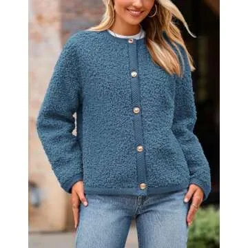 PRETTYGARDEN Women's Faux Fur Shearling Coat Fuzzy Fleece Button Up Trendy Fall Winter Cropped Jackets Outerwear (Denim Blue,Large)