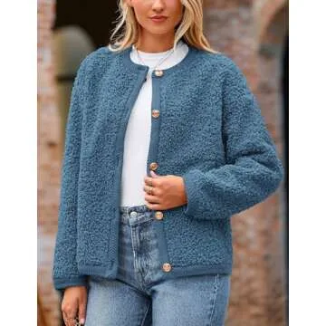 PRETTYGARDEN Women's Faux Fur Shearling Coat Fuzzy Fleece Button Up Trendy Fall Winter Cropped Jackets Outerwear (Denim Blue,Large)