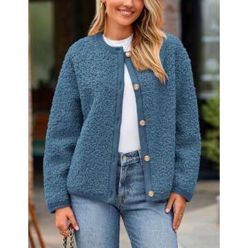 PRETTYGARDEN Women's Faux Fur Shearling Coat Fuzzy Fleece Button Up Trendy Fall Winter Cropped Jackets Outerwear (Denim Blue,Large)