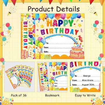 PETCEE 36Pcs Birthday Bookmark Certificates for Kids Classroom - Happy Birthday Bookmarks Certificates for Students Kindergarten Back to School Teacher Supplies Birthday Party Supplies