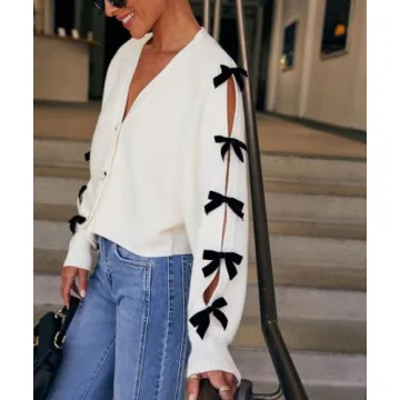 Women Bow Tie Front Leopard Knit Cardigan Sweater Y2k Long Sleeve Crochet Knitted Crop Shirt 2024 Fall Going Out Top