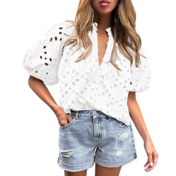 PRETTYGARDEN Women's Summer Tops Dressy Casual Short Lantern Sleeve V Neck Buttons Hollow Out Lace E...