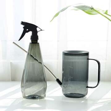 T4U 1L Watering Can Long Spout Plastic, Stainless Steel Spout Water Can with Fine Mist Spray Bottle for Indoor Outdoor Use, Modern Water Sprayer Bottle with Handle for Gardening and Cleaning (Grey)