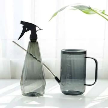 T4U 1L Watering Can Long Spout Plastic, Stainless Steel Spout Water Can with Fine Mist Spray Bottle for Indoor Outdoor Use, Modern Water Sprayer Bottle with Handle for Gardening and Cleaning (Grey)